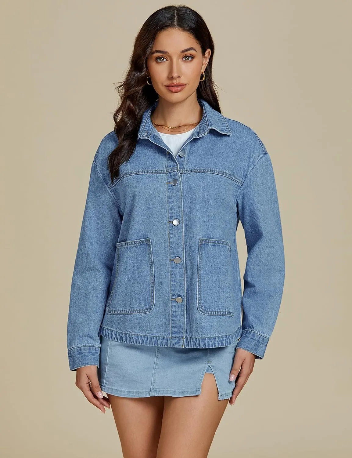 luvamia Denim Jackets for Women Trendy Oversized Long Sleeve Button Down Jean Jacket Casual Shacket with Patch Pockets