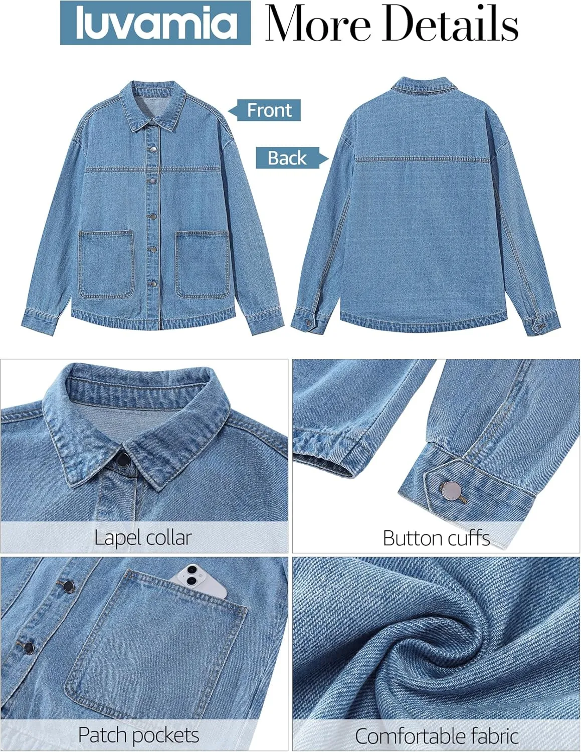luvamia Denim Jackets for Women Trendy Oversized Long Sleeve Button Down Jean Jacket Casual Shacket with Patch Pockets