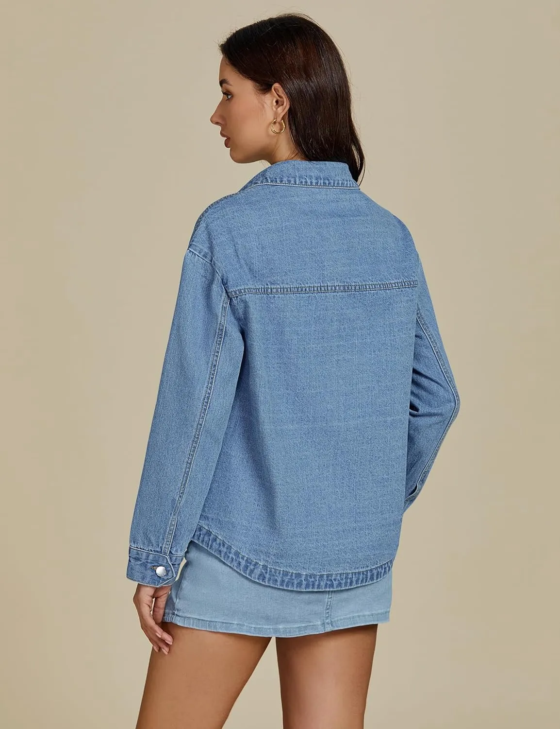 luvamia Denim Jackets for Women Trendy Oversized Long Sleeve Button Down Jean Jacket Casual Shacket with Patch Pockets