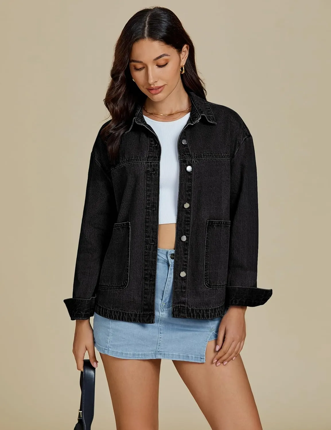luvamia Denim Jackets for Women Trendy Oversized Long Sleeve Button Down Jean Jacket Casual Shacket with Patch Pockets