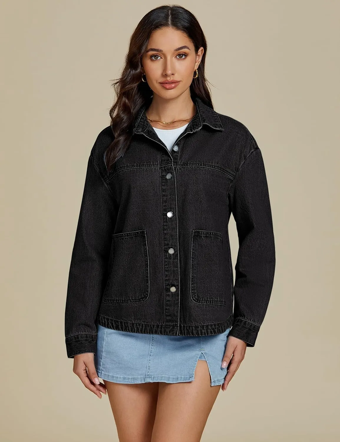 luvamia Denim Jackets for Women Trendy Oversized Long Sleeve Button Down Jean Jacket Casual Shacket with Patch Pockets