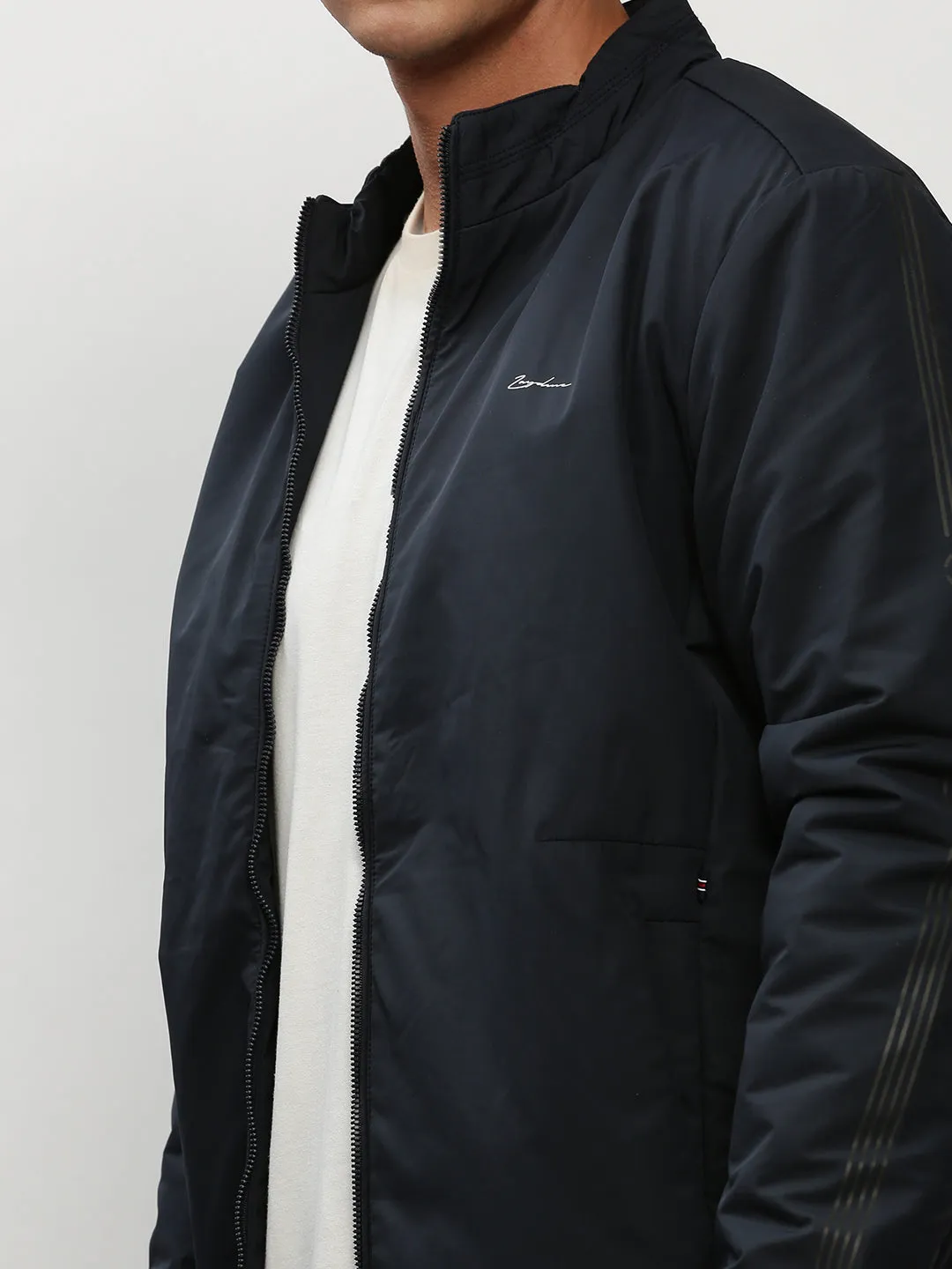 Men Navy Blue Stand Collar Casual Bomber Jacket