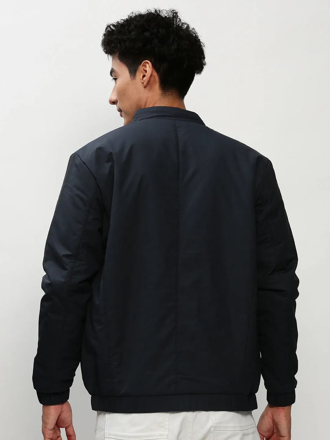 Men Navy Blue Stand Collar Casual Bomber Jacket