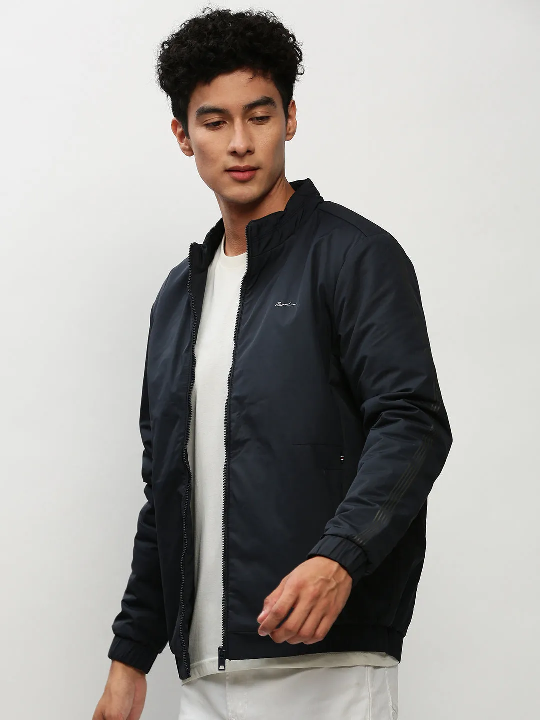 Men Navy Blue Stand Collar Casual Bomber Jacket
