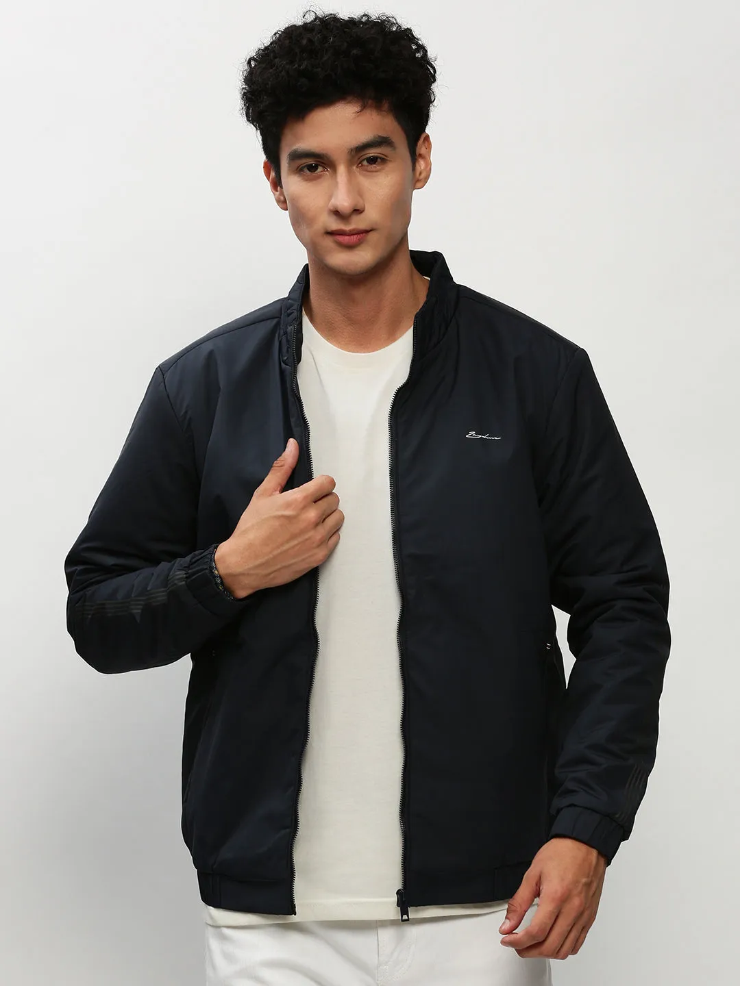 Men Navy Blue Stand Collar Casual Bomber Jacket