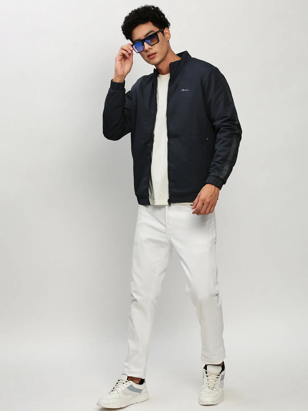 Men Navy Blue Stand Collar Casual Bomber Jacket