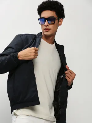Men Navy Blue Stand Collar Casual Bomber Jacket