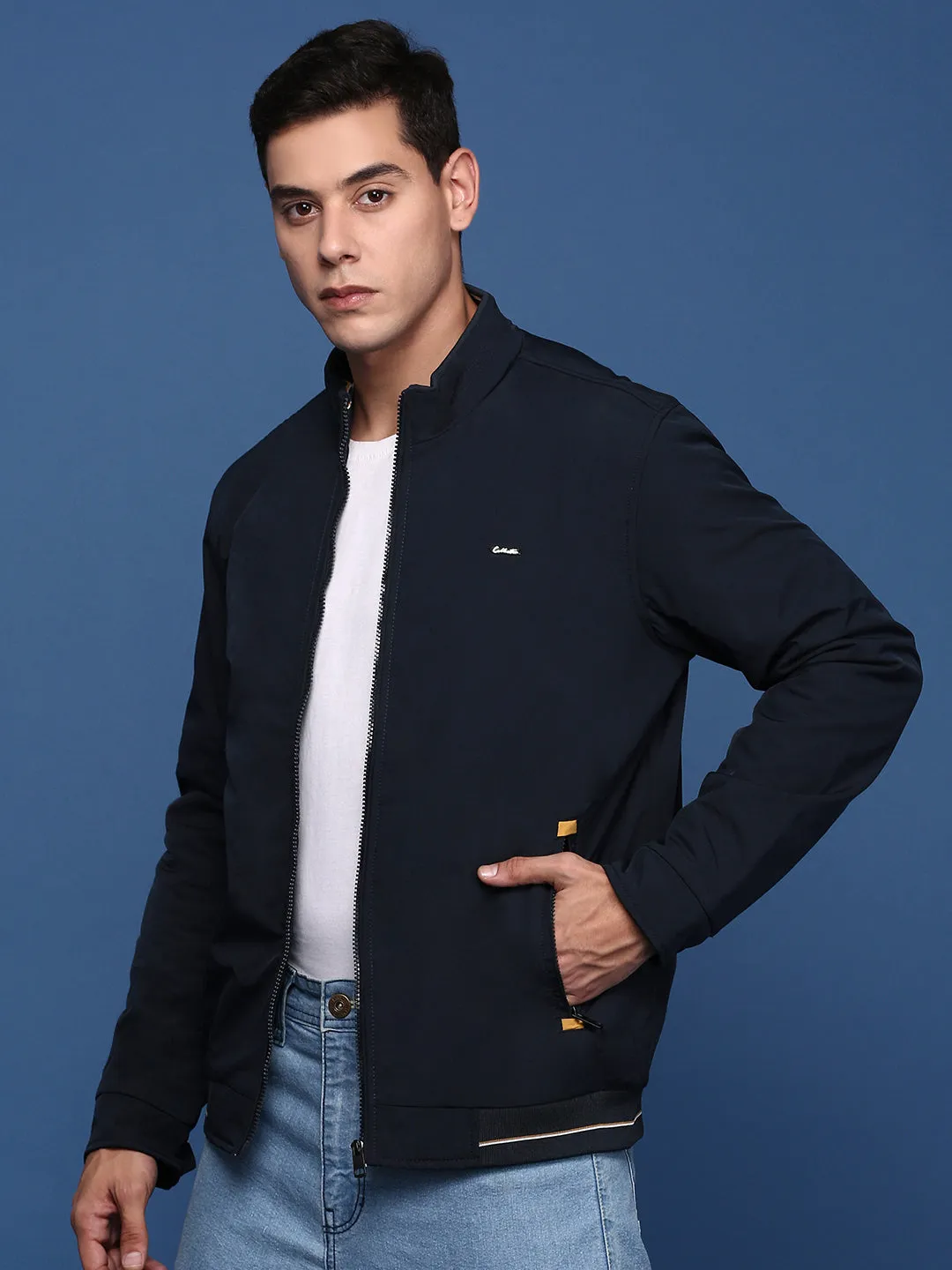 Men Navy Blue Windcheater Bomber Jacket