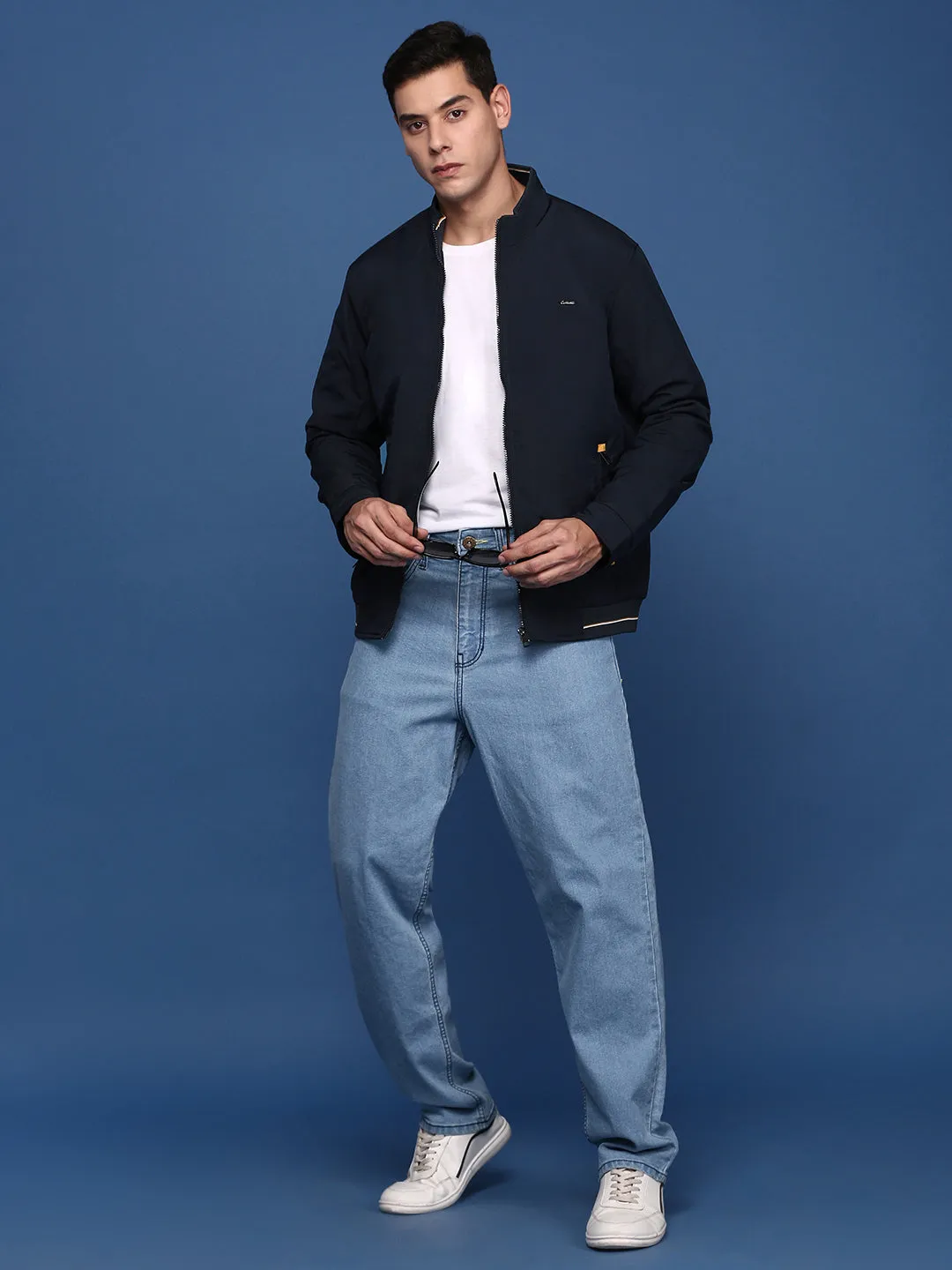 Men Navy Blue Windcheater Bomber Jacket