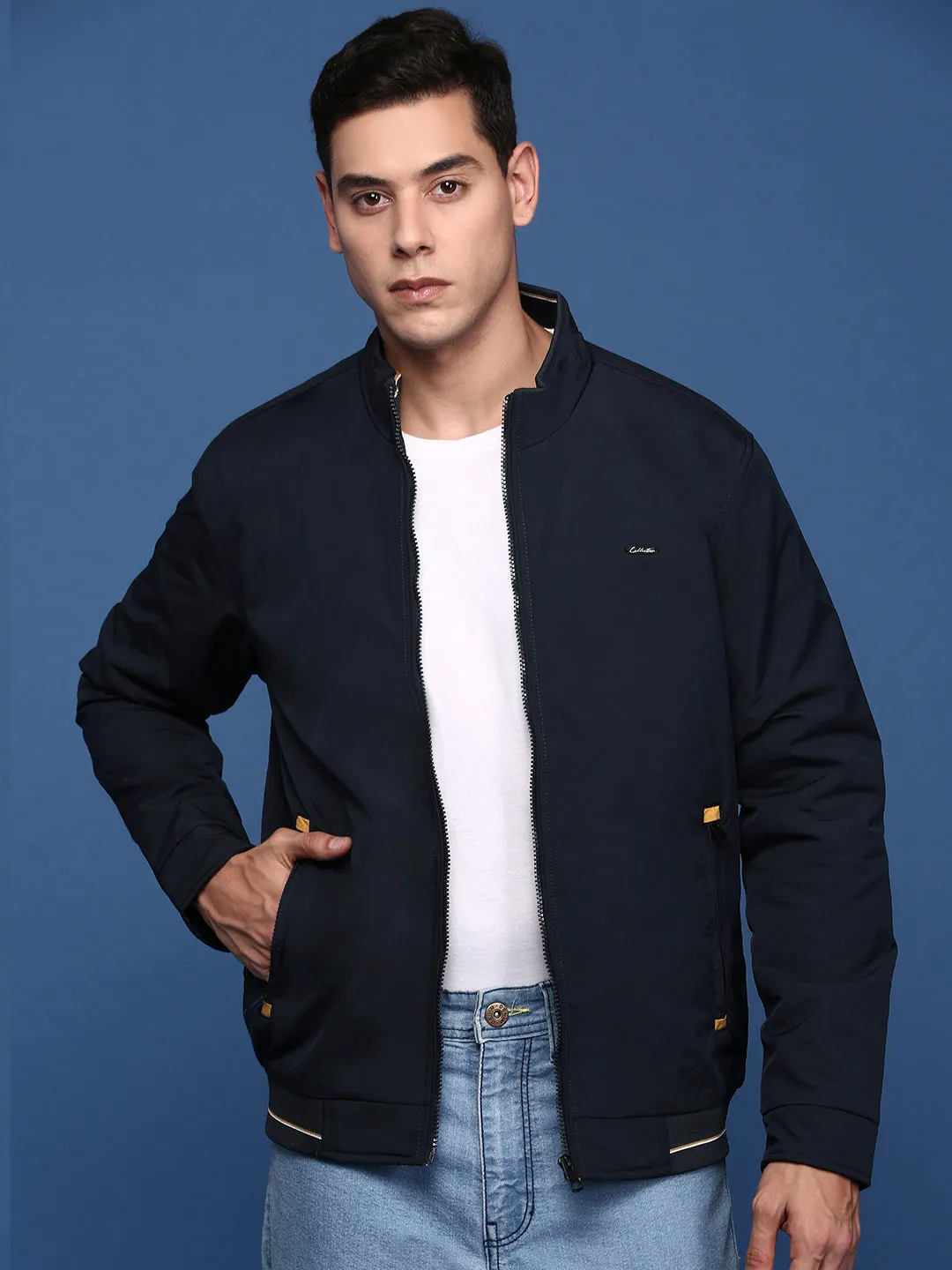 Men Navy Blue Windcheater Bomber Jacket