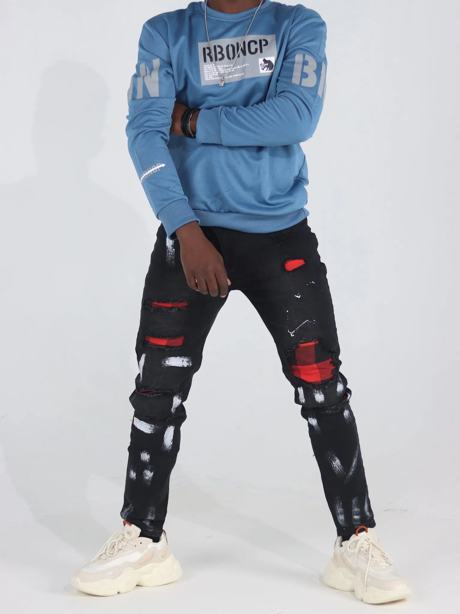 Men's Distressed Slim Fit Patchwork Jeans