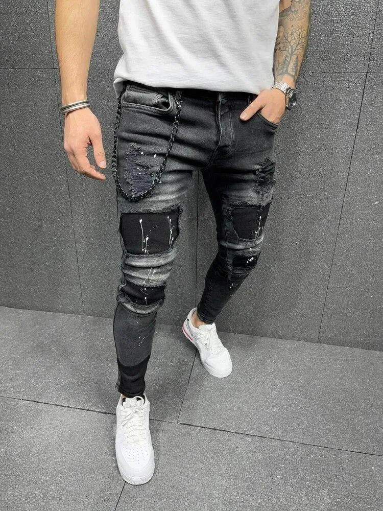 Men's Distressed Slim Fit Patchwork Jeans