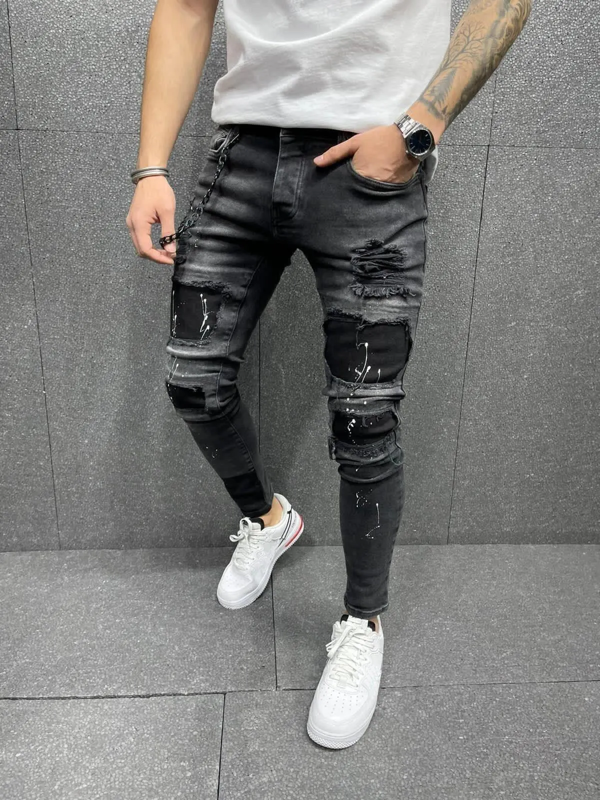 Men's Distressed Slim Fit Patchwork Jeans