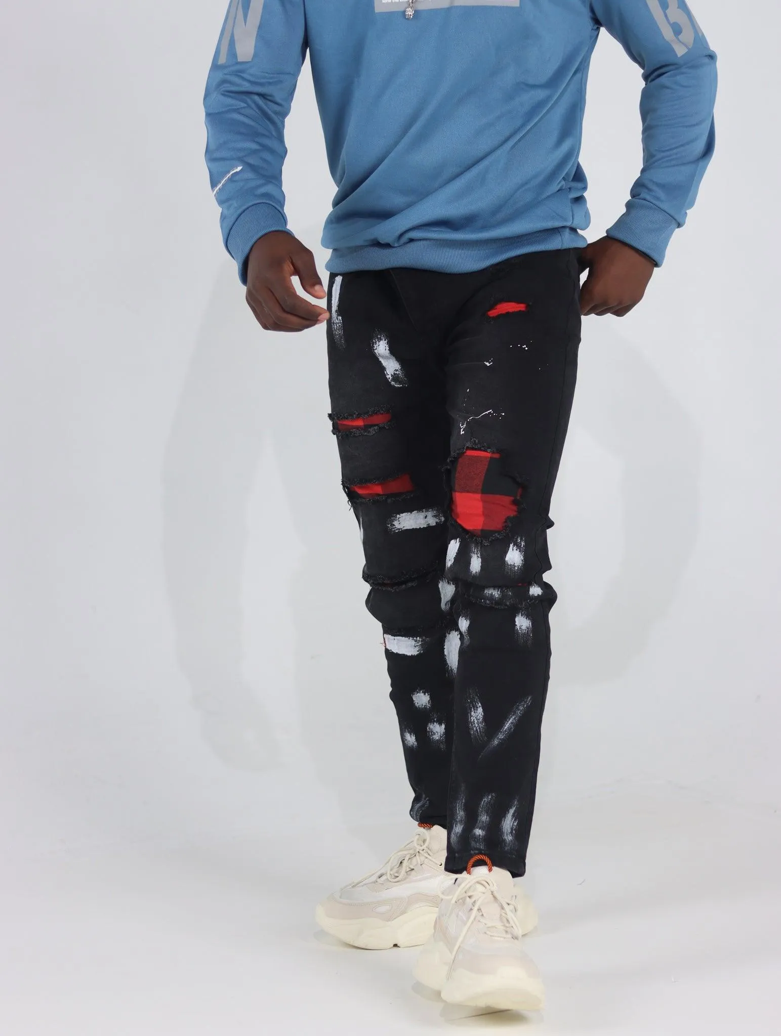 Men's Distressed Slim Fit Patchwork Jeans