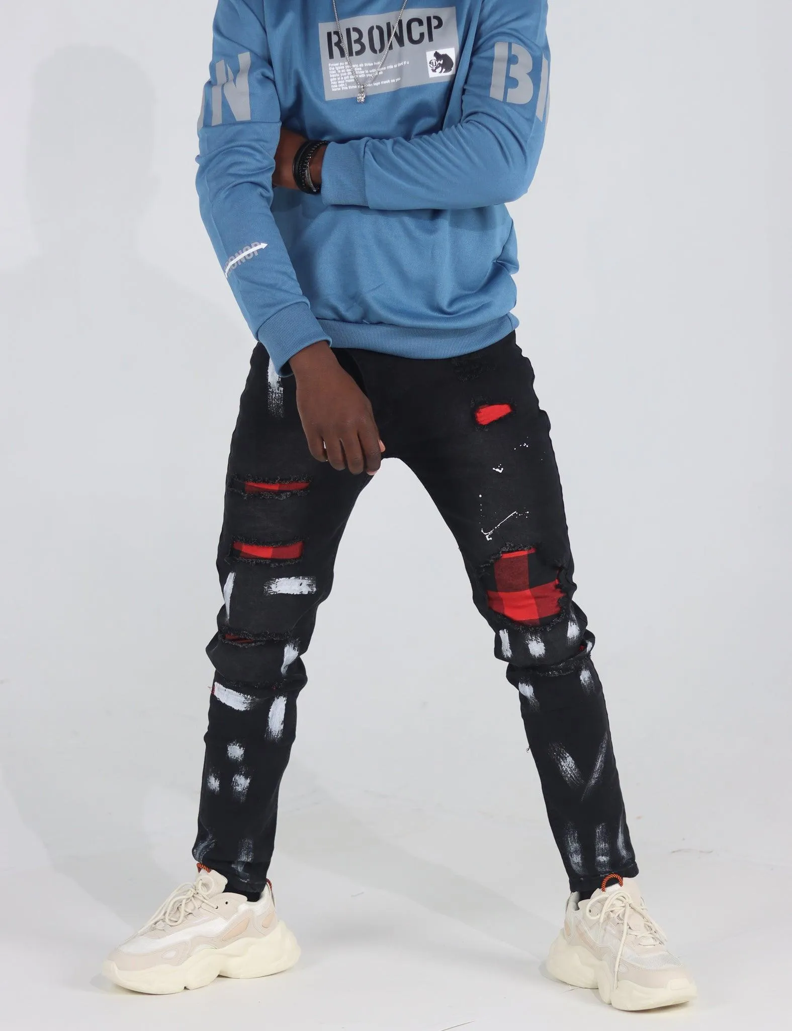 Men's Distressed Slim Fit Patchwork Jeans