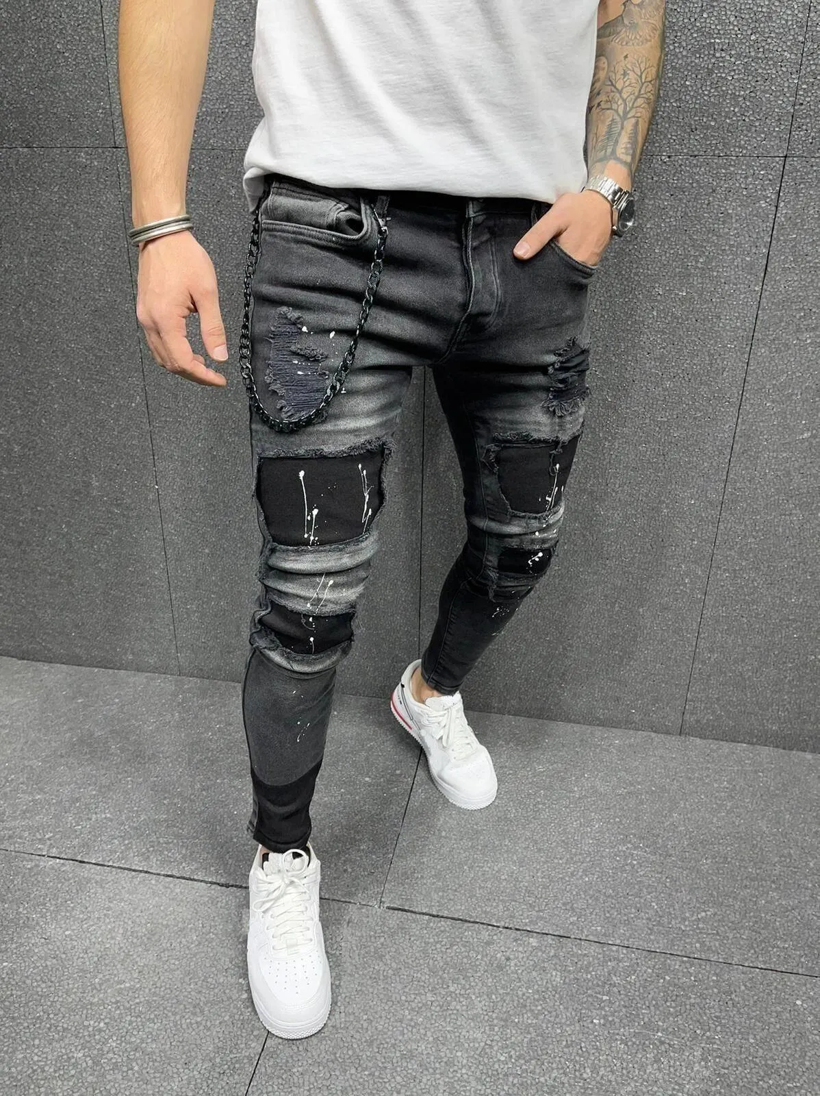 Men's Distressed Slim Fit Patchwork Jeans