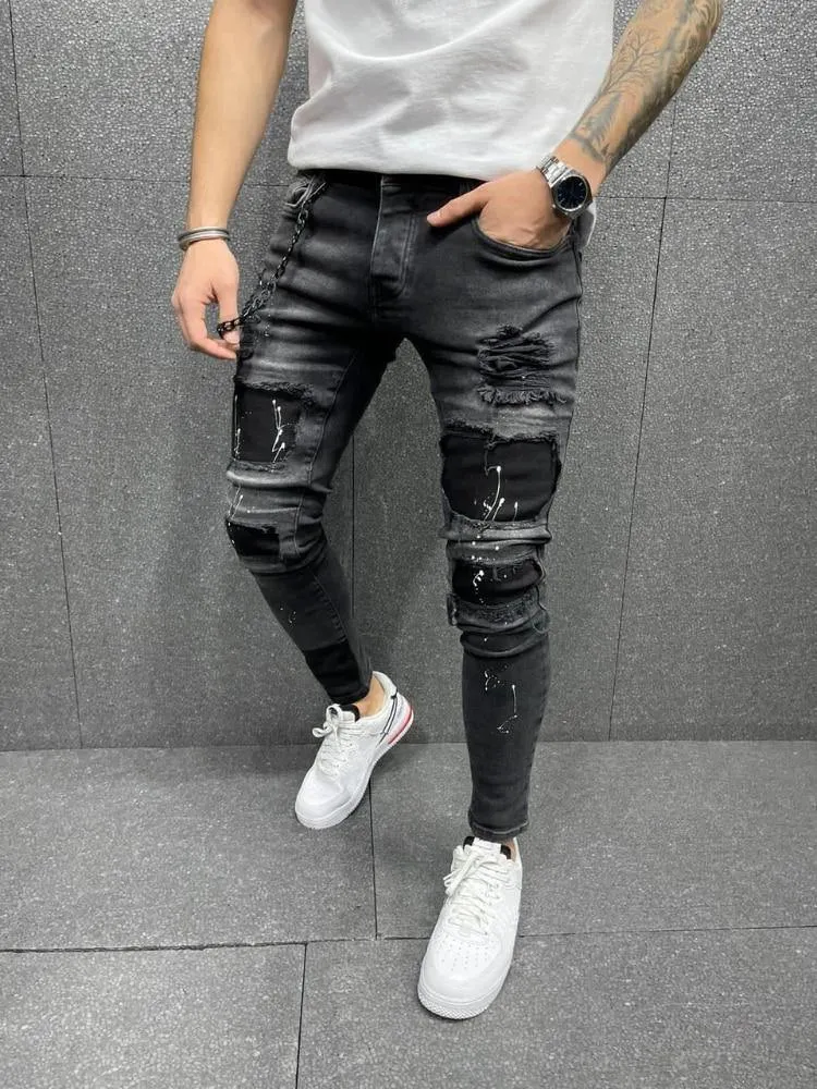 Men's Distressed Slim Fit Patchwork Jeans