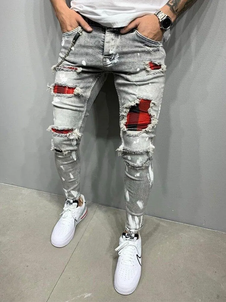 Men's Distressed Slim Fit Patchwork Jeans