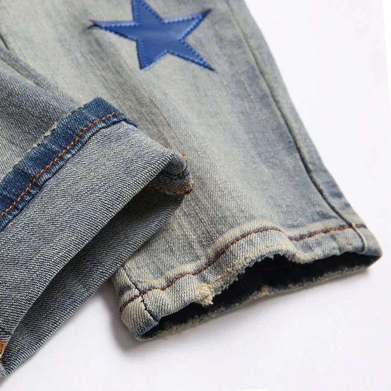 Men’s High Street Blue Star Embroidered Jeans – Slim Fit Denim Pants, Stylish Autumn Fashion for Vaqueros Hombre