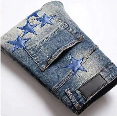 Men’s High Street Blue Star Embroidered Jeans – Slim Fit Denim Pants, Stylish Autumn Fashion for Vaqueros Hombre