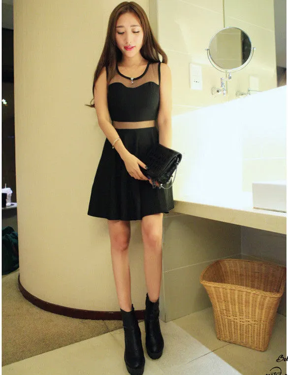 Net Yarn Sleeveless Little Black Dress