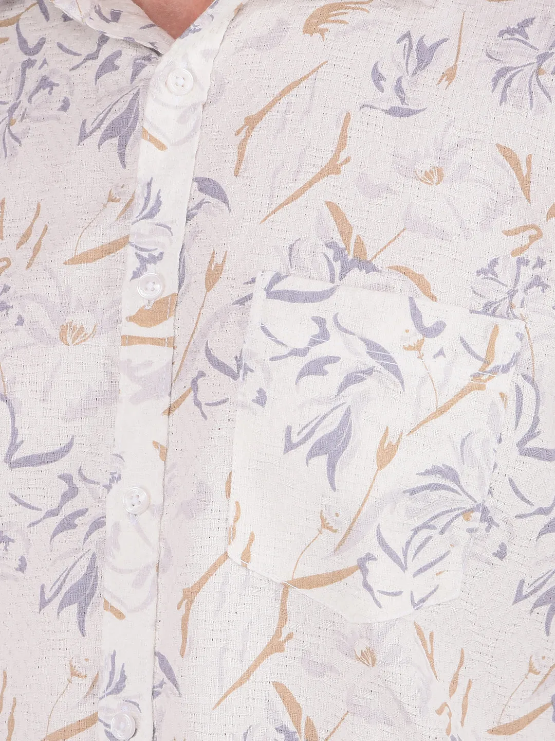 Off White Floral Print 100% Cotton Knitted Shirt