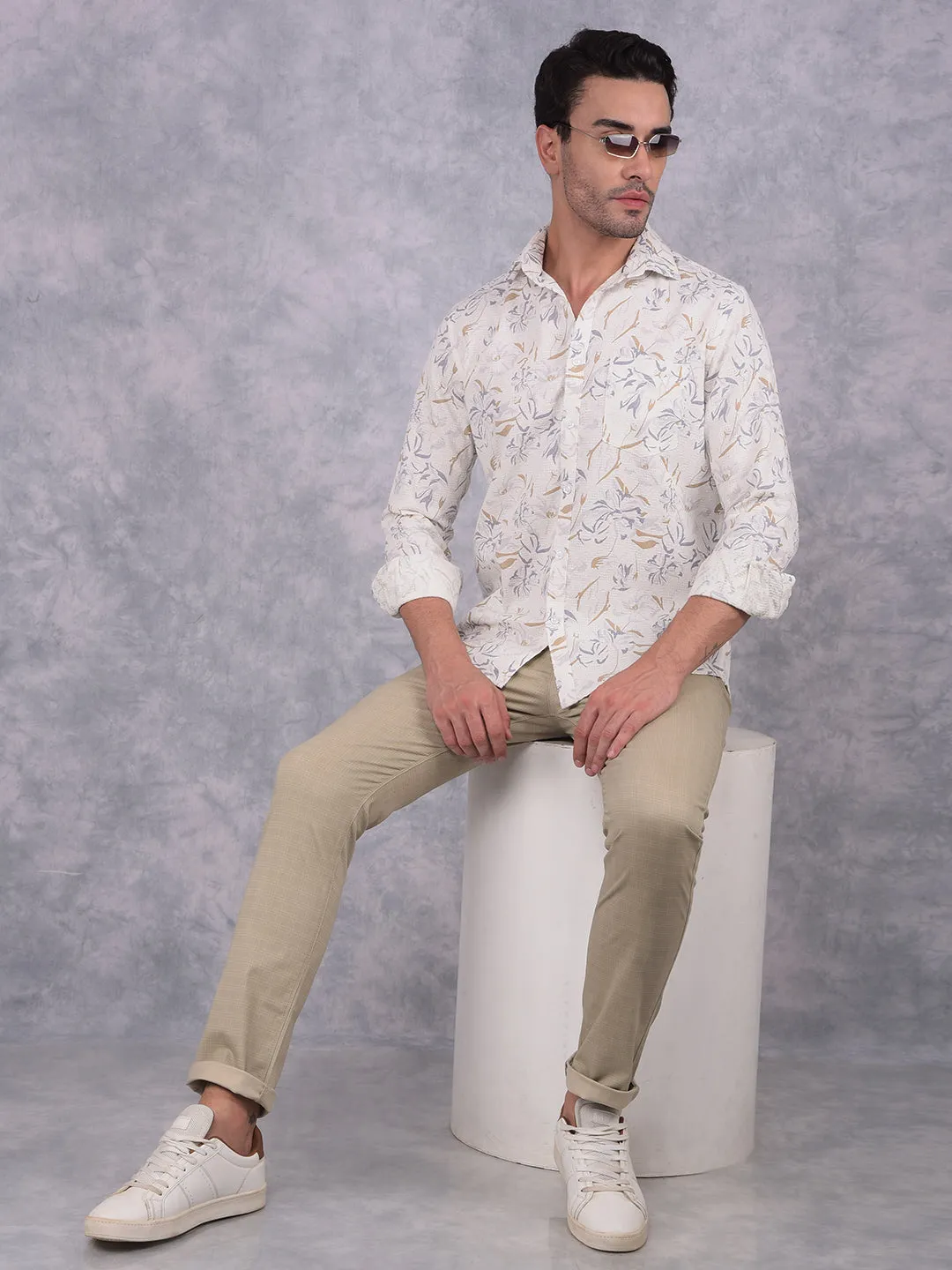 Off White Floral Print 100% Cotton Knitted Shirt