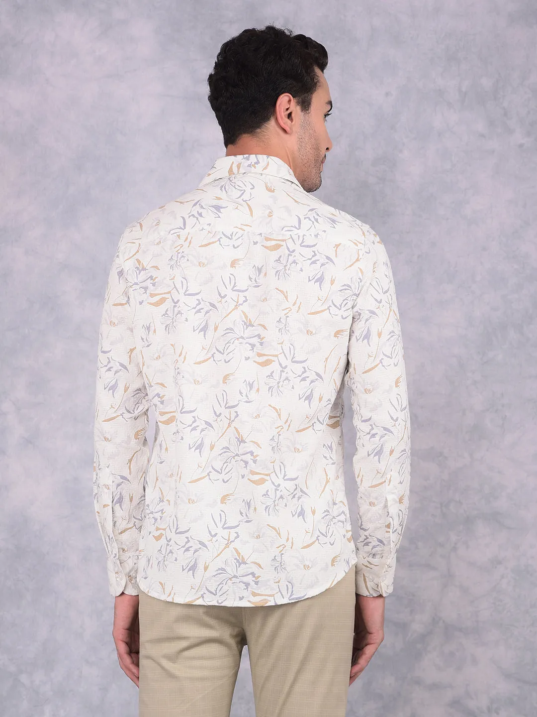 Off White Floral Print 100% Cotton Knitted Shirt