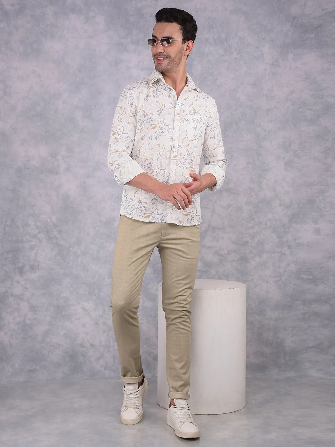 Off White Floral Print 100% Cotton Knitted Shirt