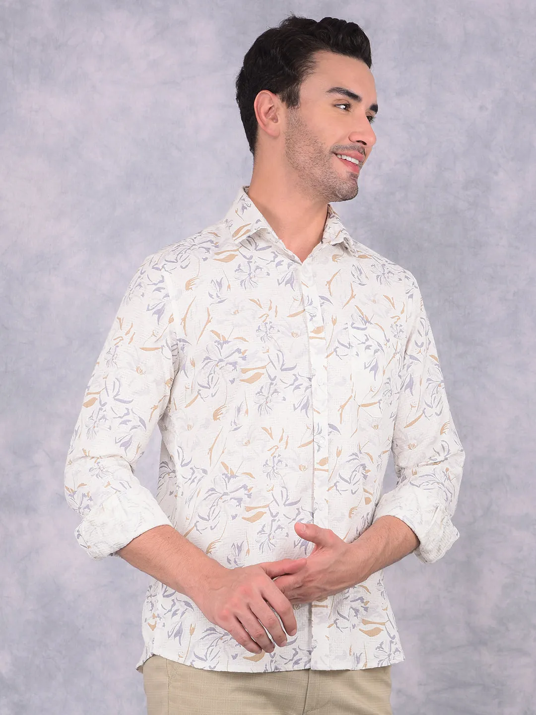 Off White Floral Print 100% Cotton Knitted Shirt