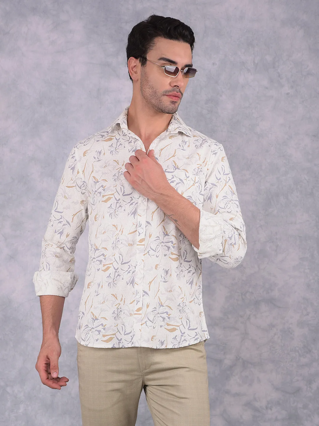 Off White Floral Print 100% Cotton Knitted Shirt
