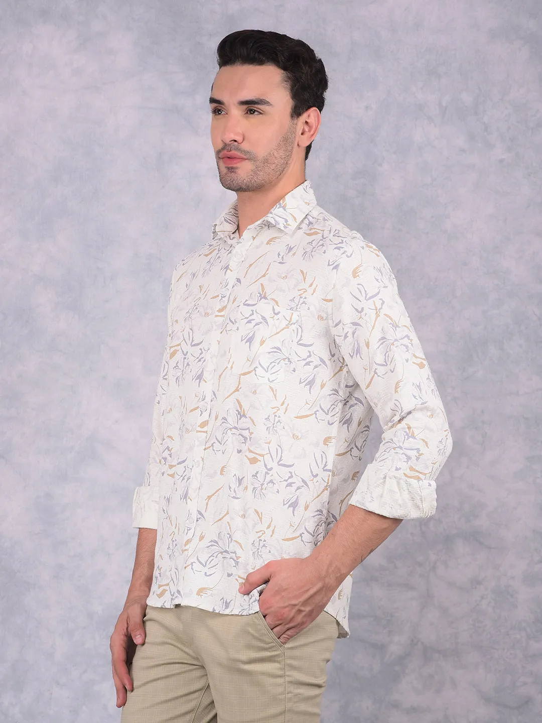 Off White Floral Print 100% Cotton Knitted Shirt