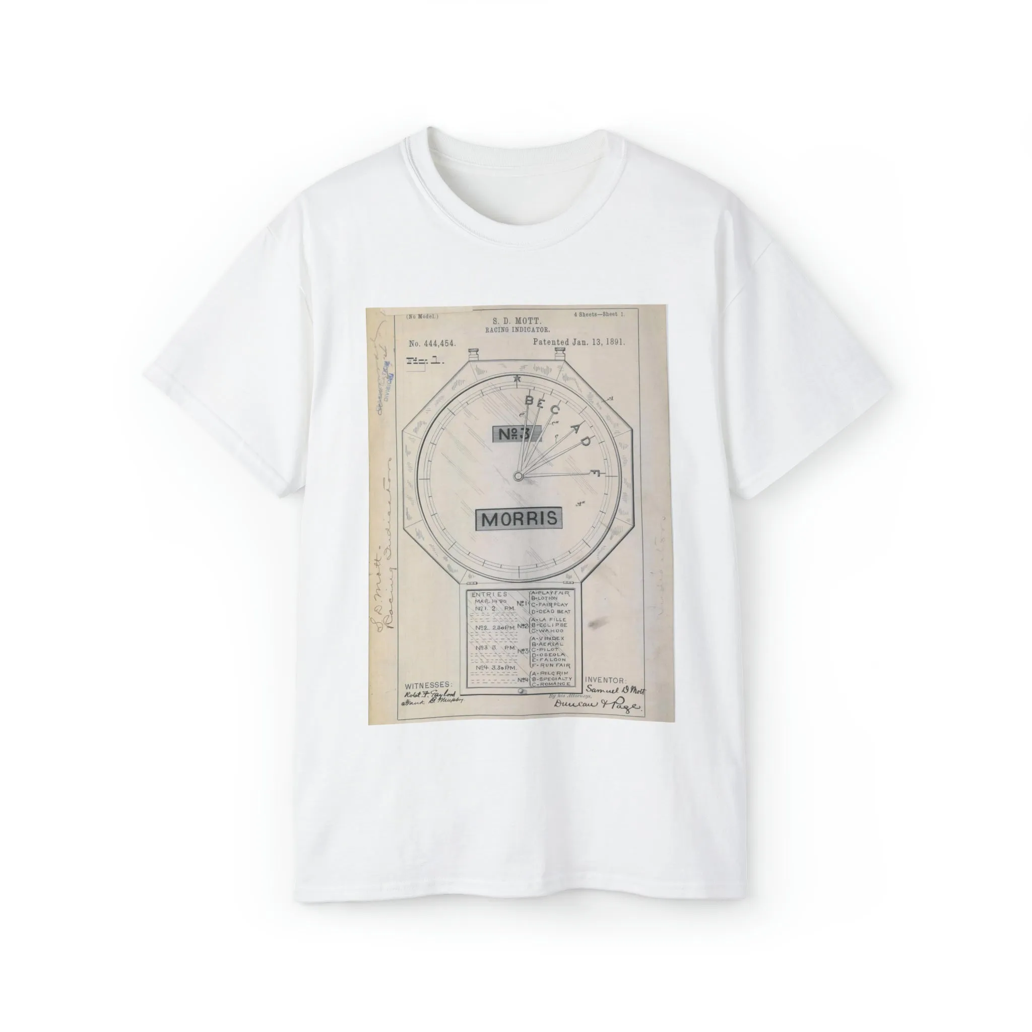 Patent drawing - for S. D. Mott's Racing Indicator Public domain  image White T-Shirt Gildan 2000 Cotton Unisex