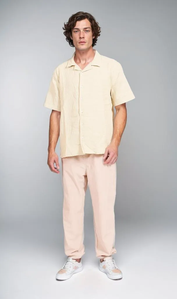 R208595 - Linen Short-Sleeve Button-Up Shirt - Beige