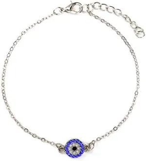 Silver Evil Eye Anklet for Women - Adjustable Dainty Chain Anklet with Blue Crystal Charm, Elegant Protection Jewelry for Everyday Wear