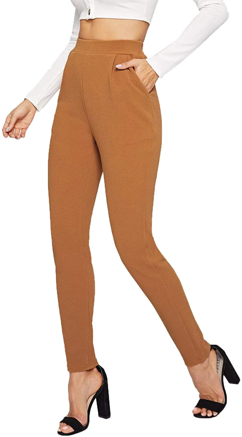 SOLY HUX Women's Pocket Side Elastic High Waist Elegant Trousers Skinny Pants