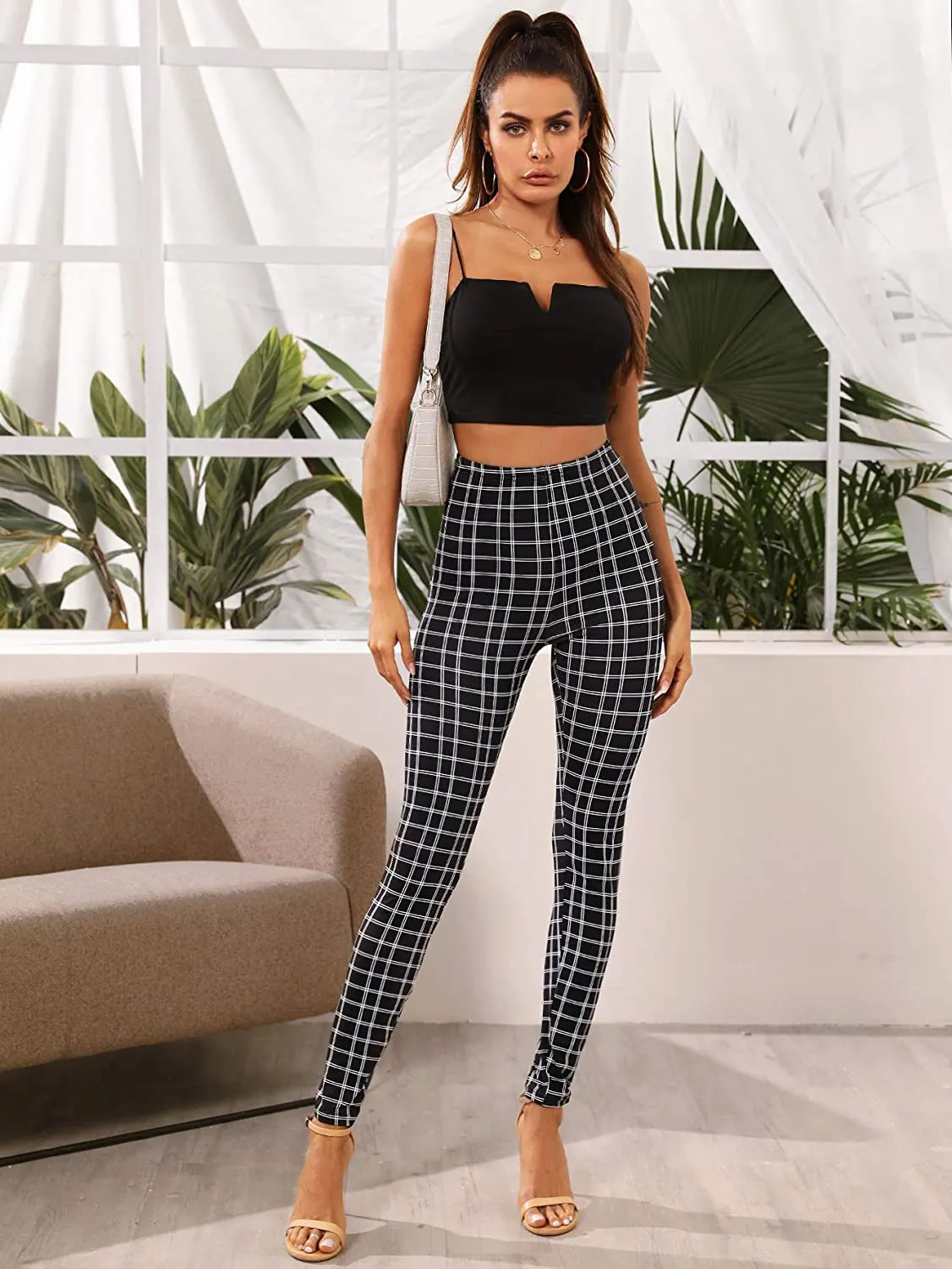 SOLY HUX Women's Pocket Side Elastic High Waist Elegant Trousers Skinny Pants