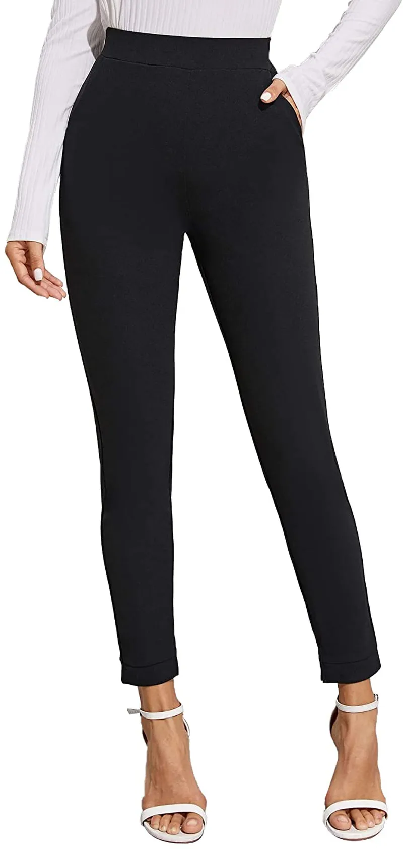 SOLY HUX Women's Pocket Side Elastic High Waist Elegant Trousers Skinny Pants