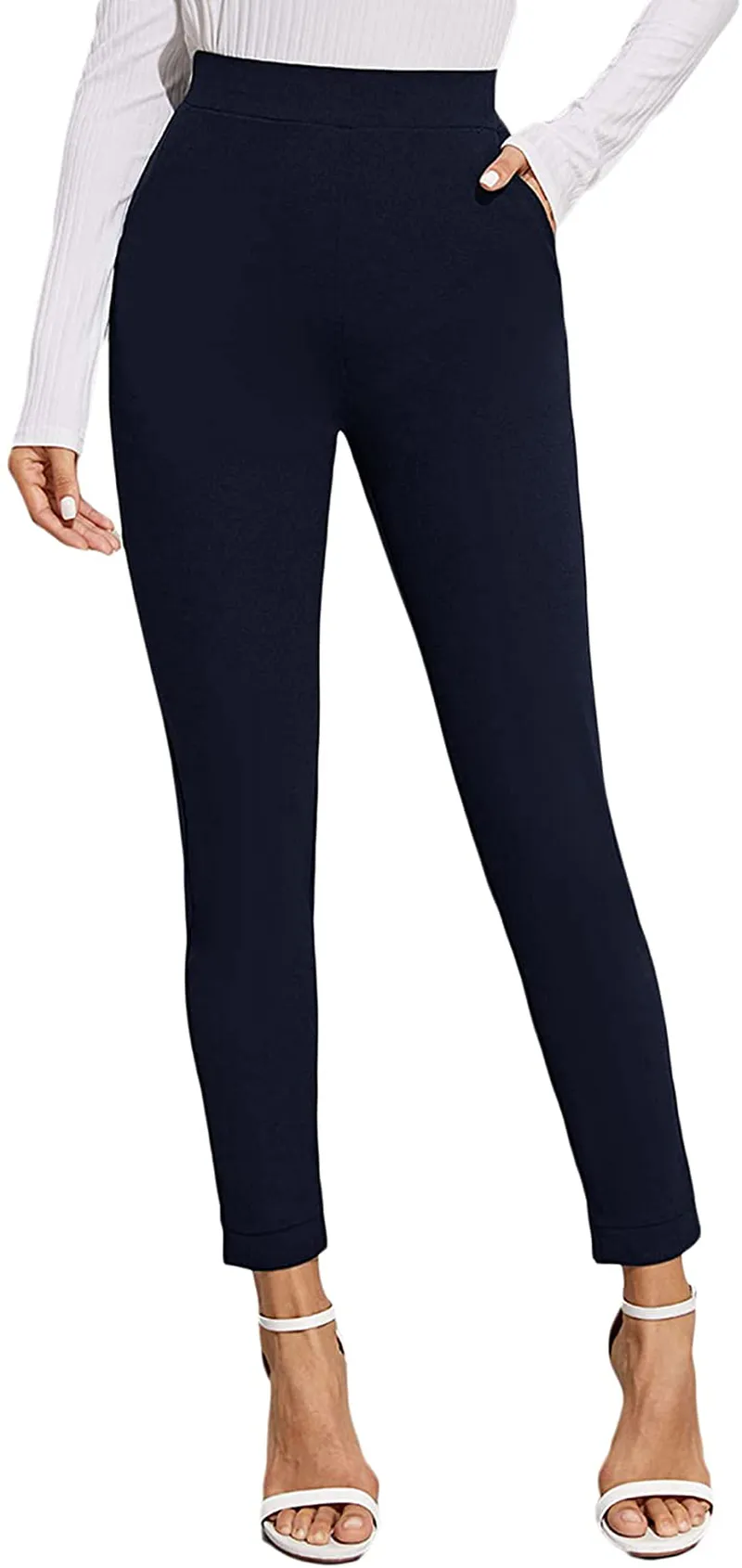 SOLY HUX Women's Pocket Side Elastic High Waist Elegant Trousers Skinny Pants