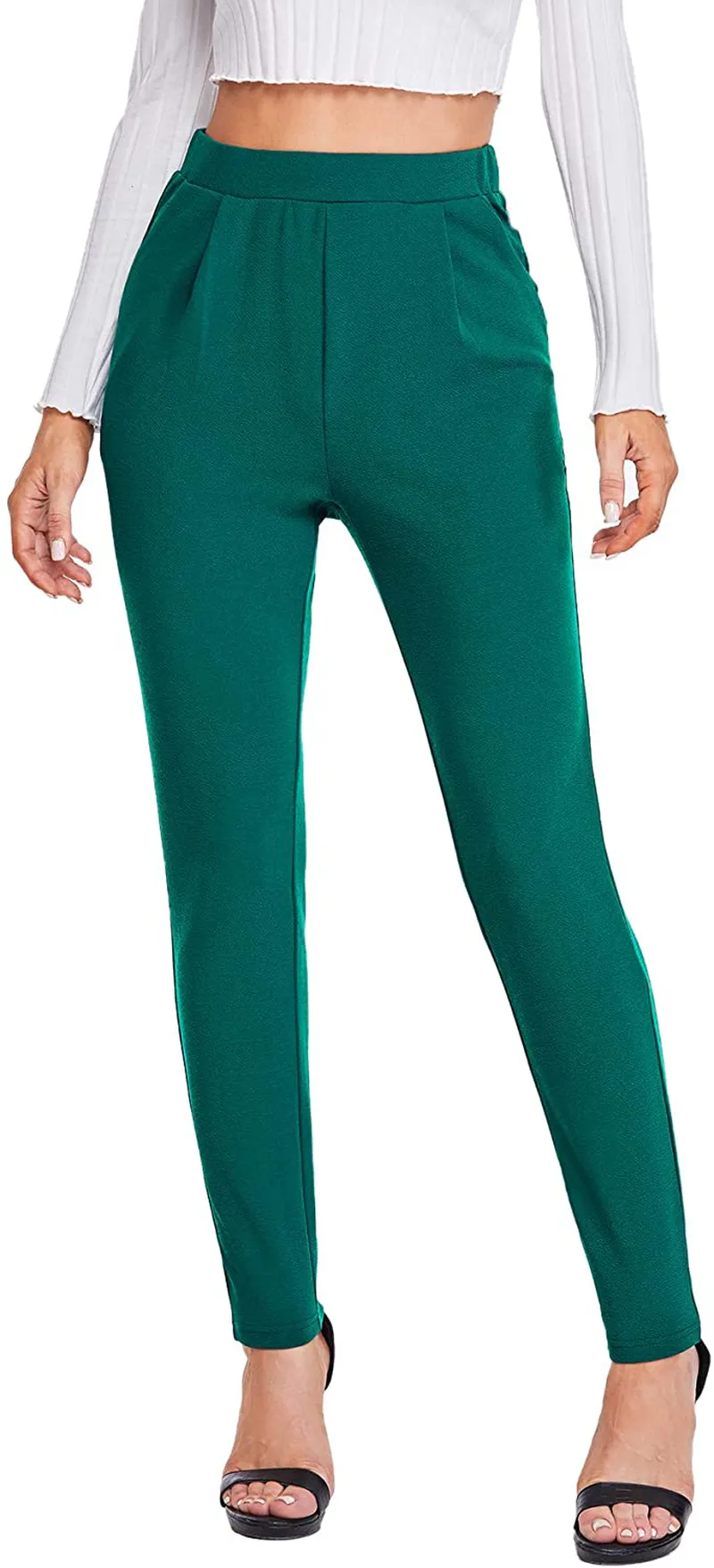 SOLY HUX Women's Pocket Side Elastic High Waist Elegant Trousers Skinny Pants