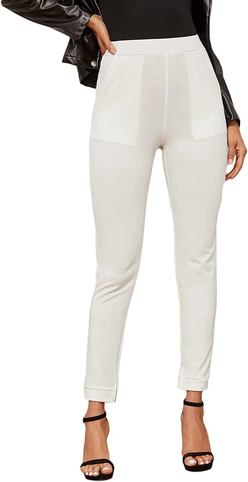 SOLY HUX Women's Pocket Side Elastic High Waist Elegant Trousers Skinny Pants