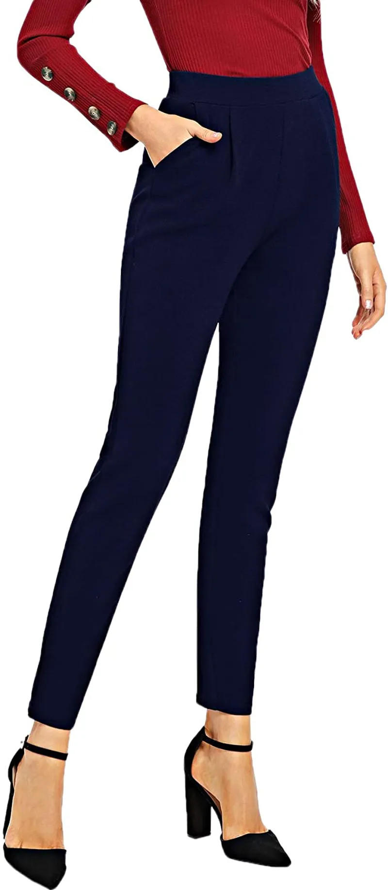 SOLY HUX Women's Pocket Side Elastic High Waist Elegant Trousers Skinny Pants