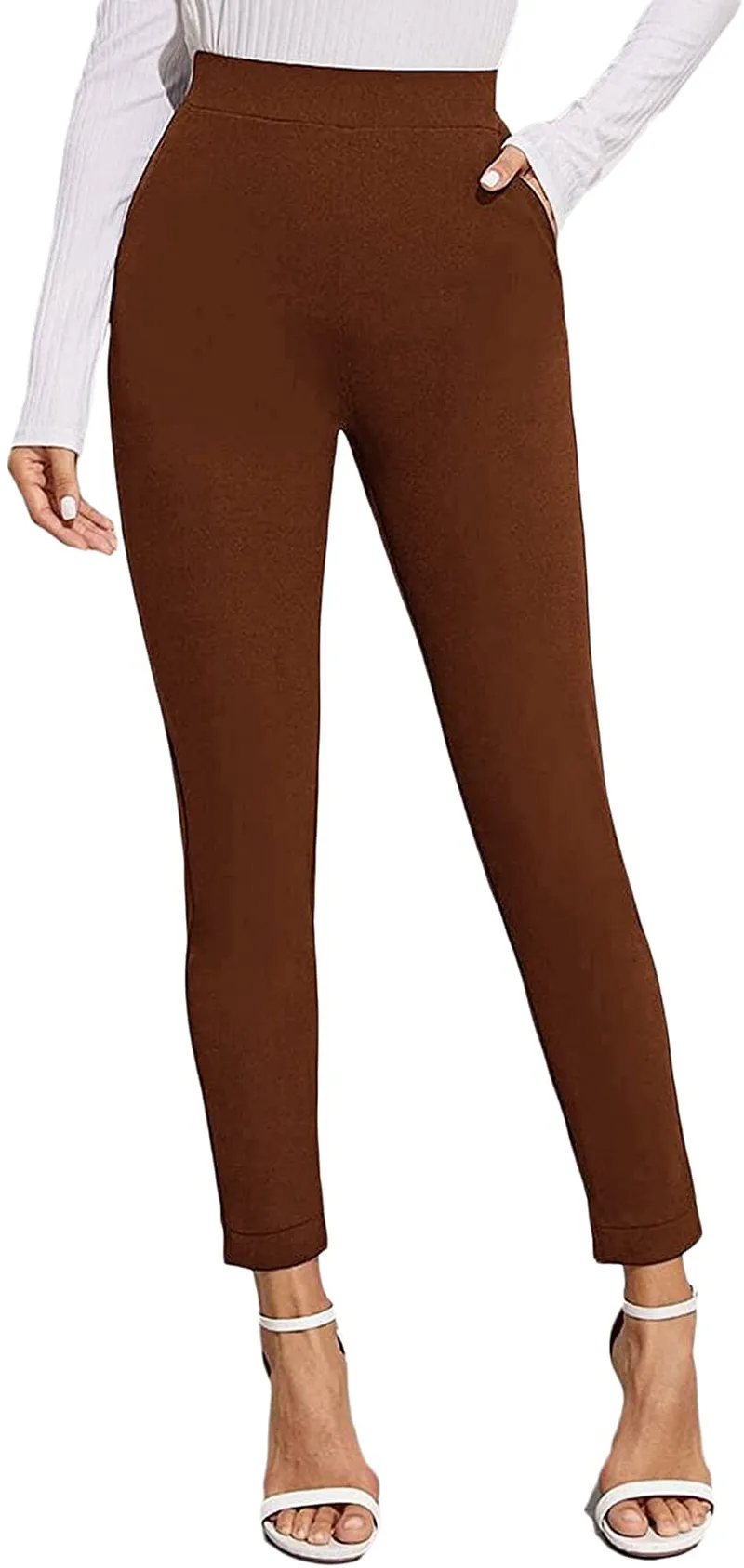 SOLY HUX Women's Pocket Side Elastic High Waist Elegant Trousers Skinny Pants