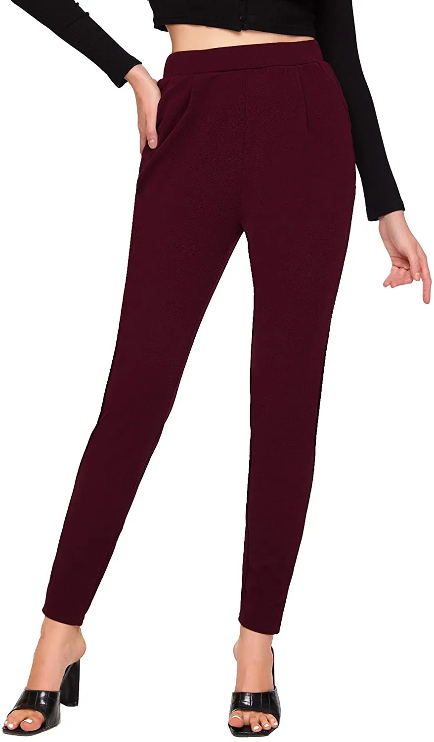 SOLY HUX Women's Pocket Side Elastic High Waist Elegant Trousers Skinny Pants