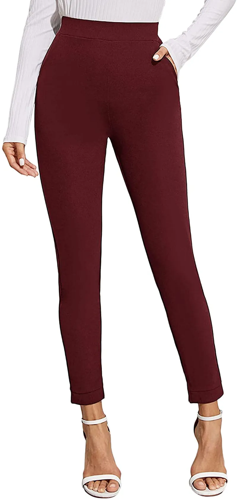 SOLY HUX Women's Pocket Side Elastic High Waist Elegant Trousers Skinny Pants