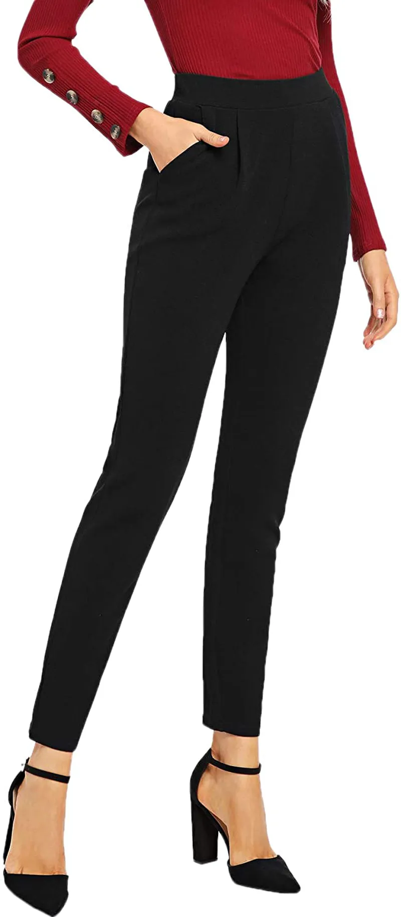 SOLY HUX Women's Pocket Side Elastic High Waist Elegant Trousers Skinny Pants