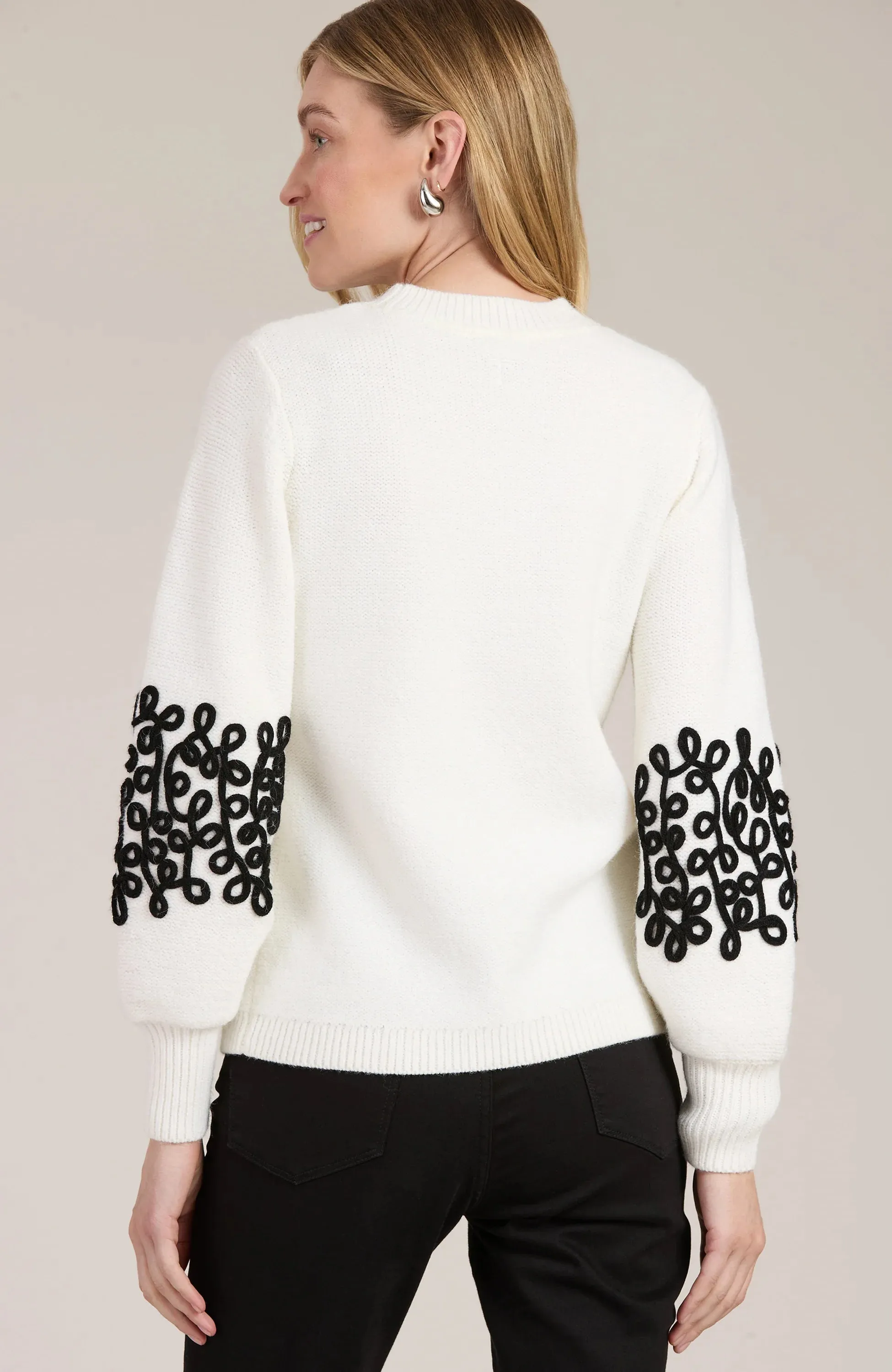 Stori Soutache Trim Sleeve Sweater in White and Black - Tyler Boe 23320BB