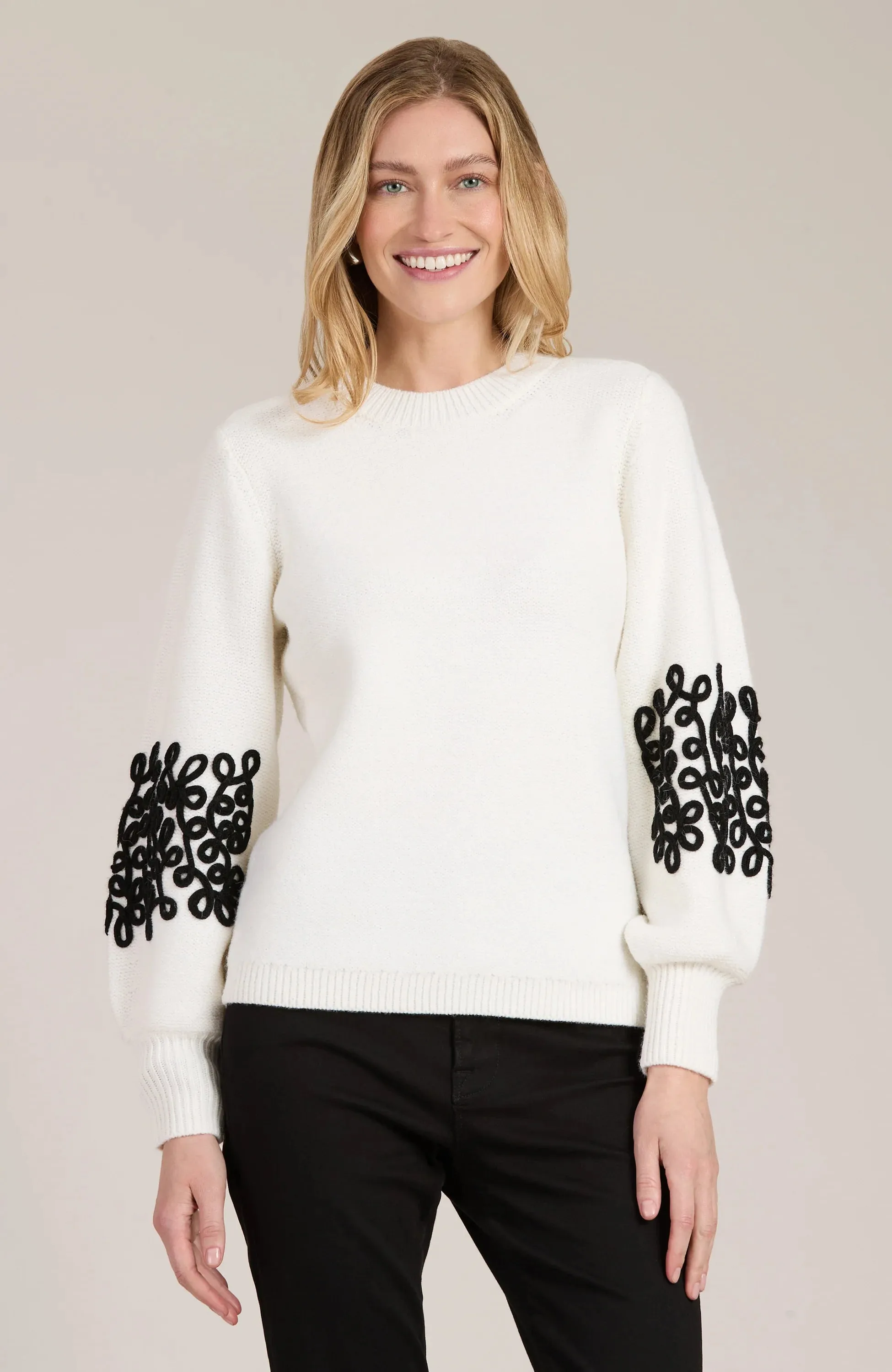 Stori Soutache Trim Sleeve Sweater in White and Black - Tyler Boe 23320BB