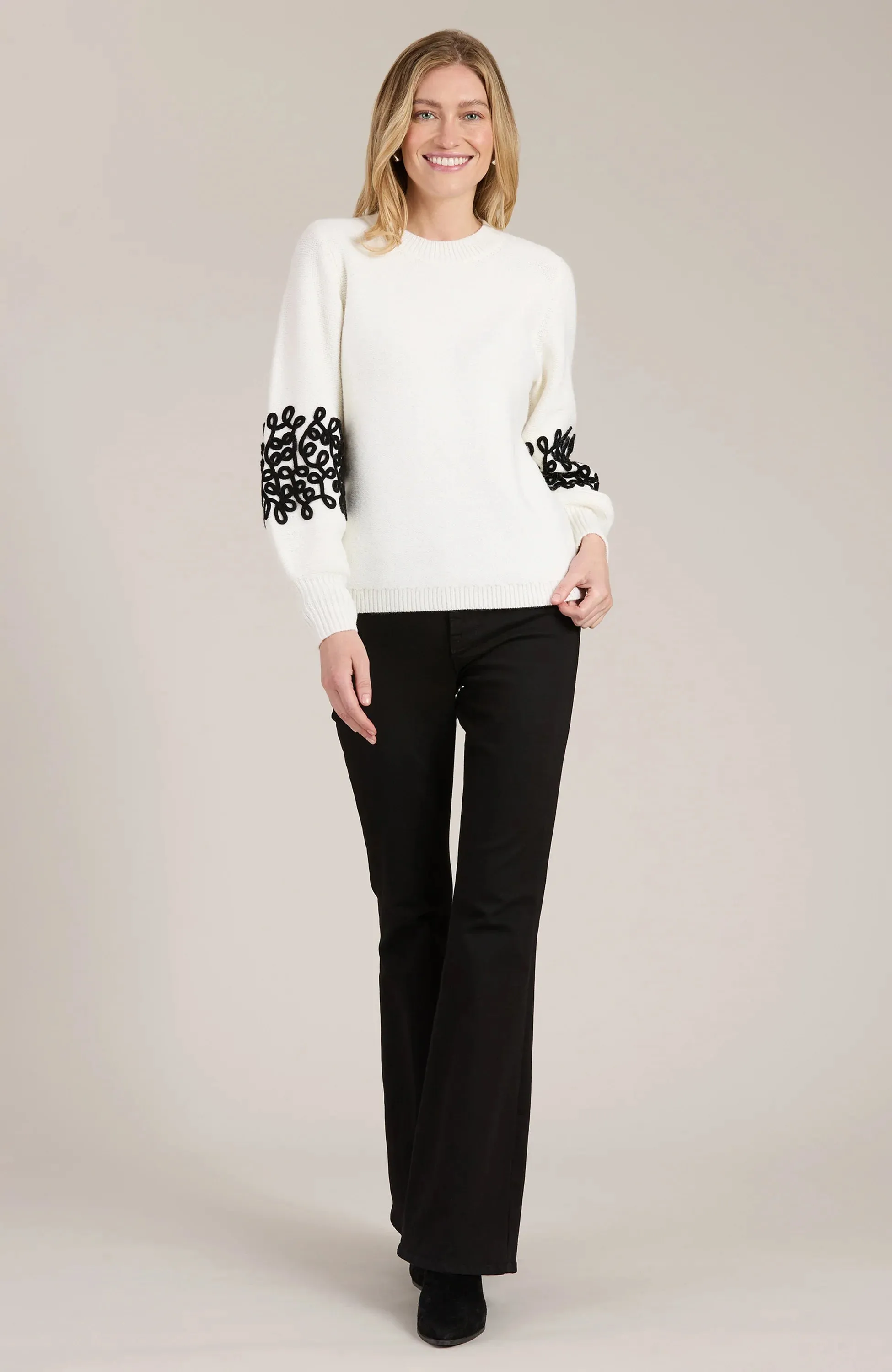 Stori Soutache Trim Sleeve Sweater in White and Black - Tyler Boe 23320BB