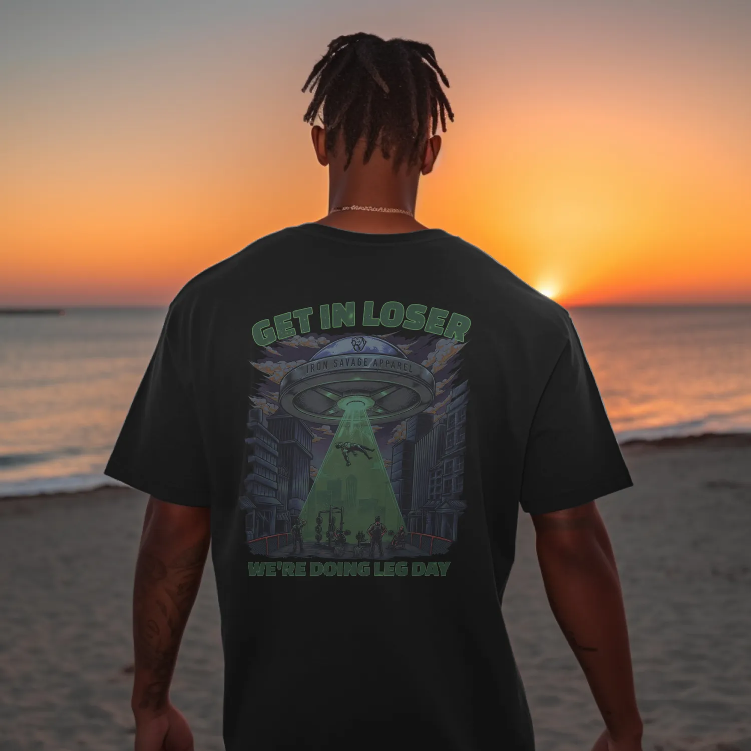 UFO: Get in loser, we're doing leg day (Back print) T-shirt (UK)
